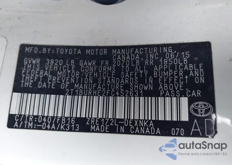 2015 Toyota Corolla Le from USA, damaged, VIN 2T1BURHE2FC452631